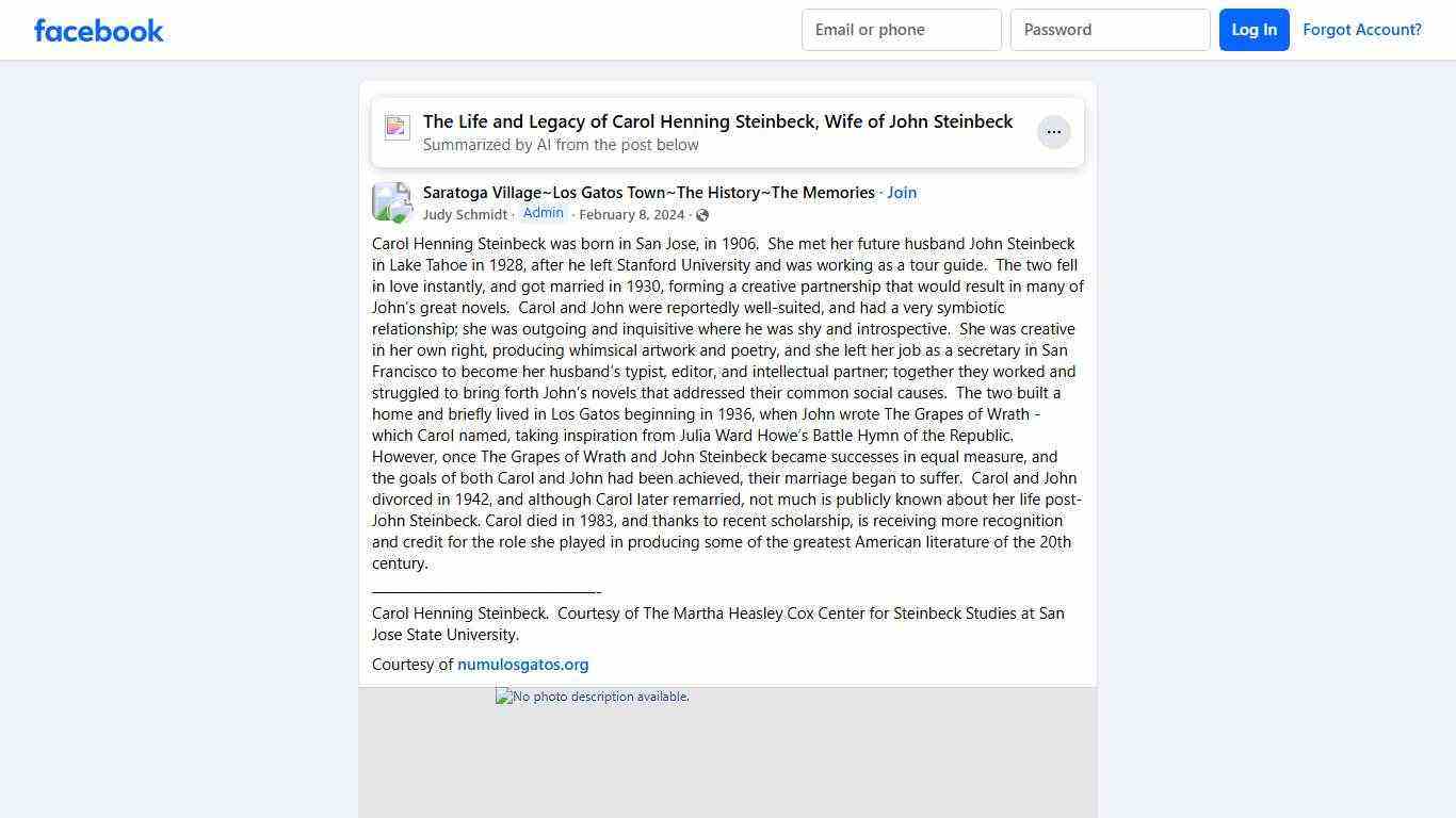 Saratoga Village~Los Gatos Town~The History~The Memories | Carol Henning Steinbeck was born in San Jose, in 1906 | Facebook