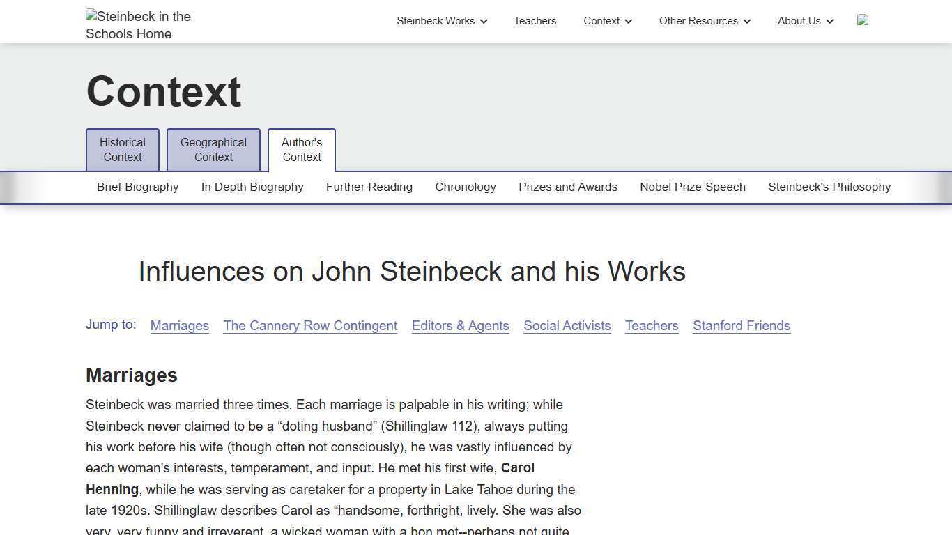 John Steinbeck - Influences | Steinbeck in the Schools